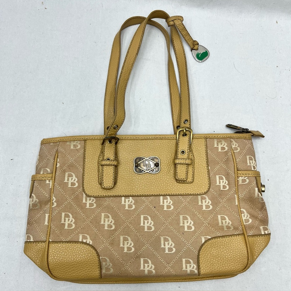 Dooney & Bourke Signature Logo Beige Canvas Leather Great Condition